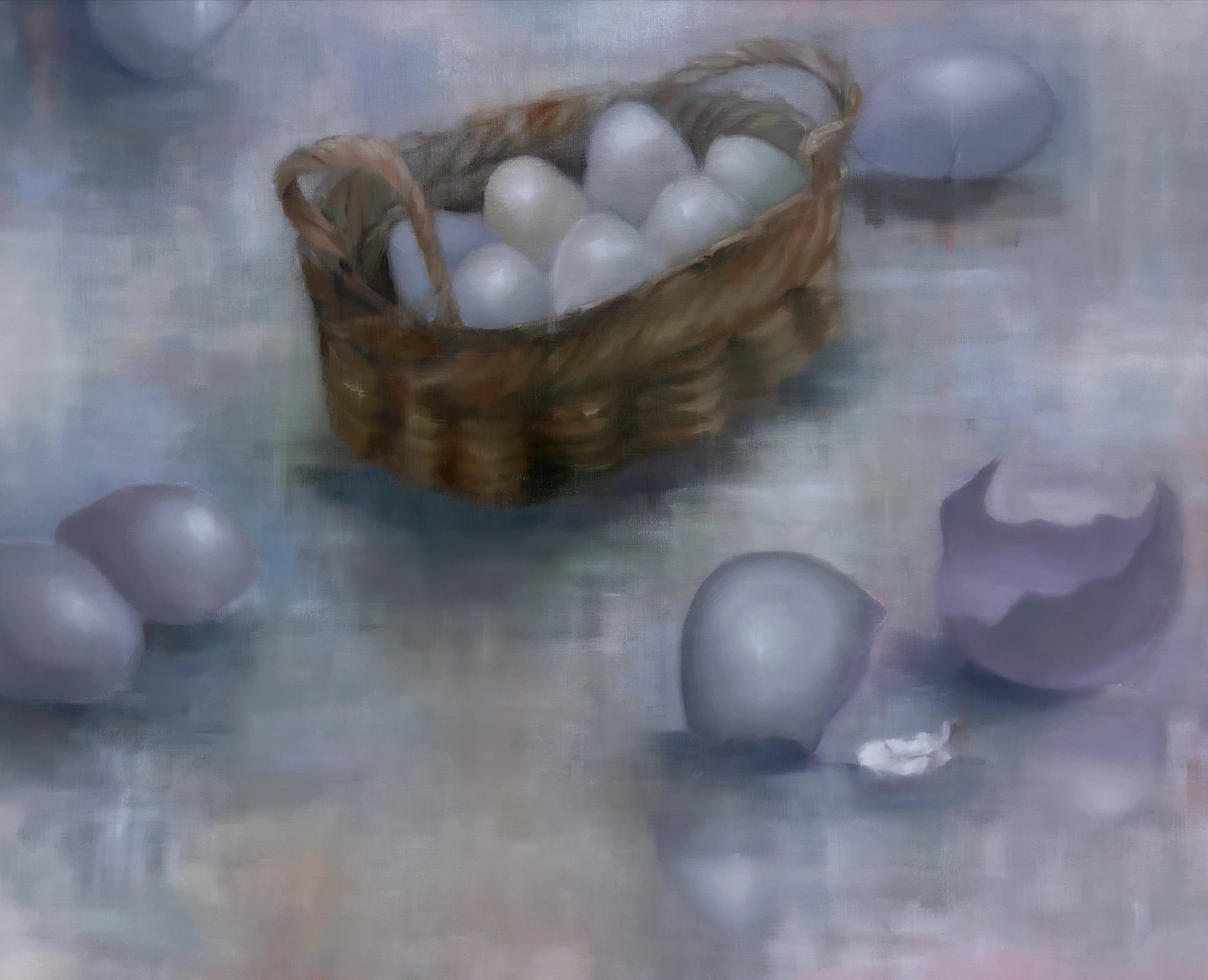 複数のたまごが、油絵具で描かれている絵画